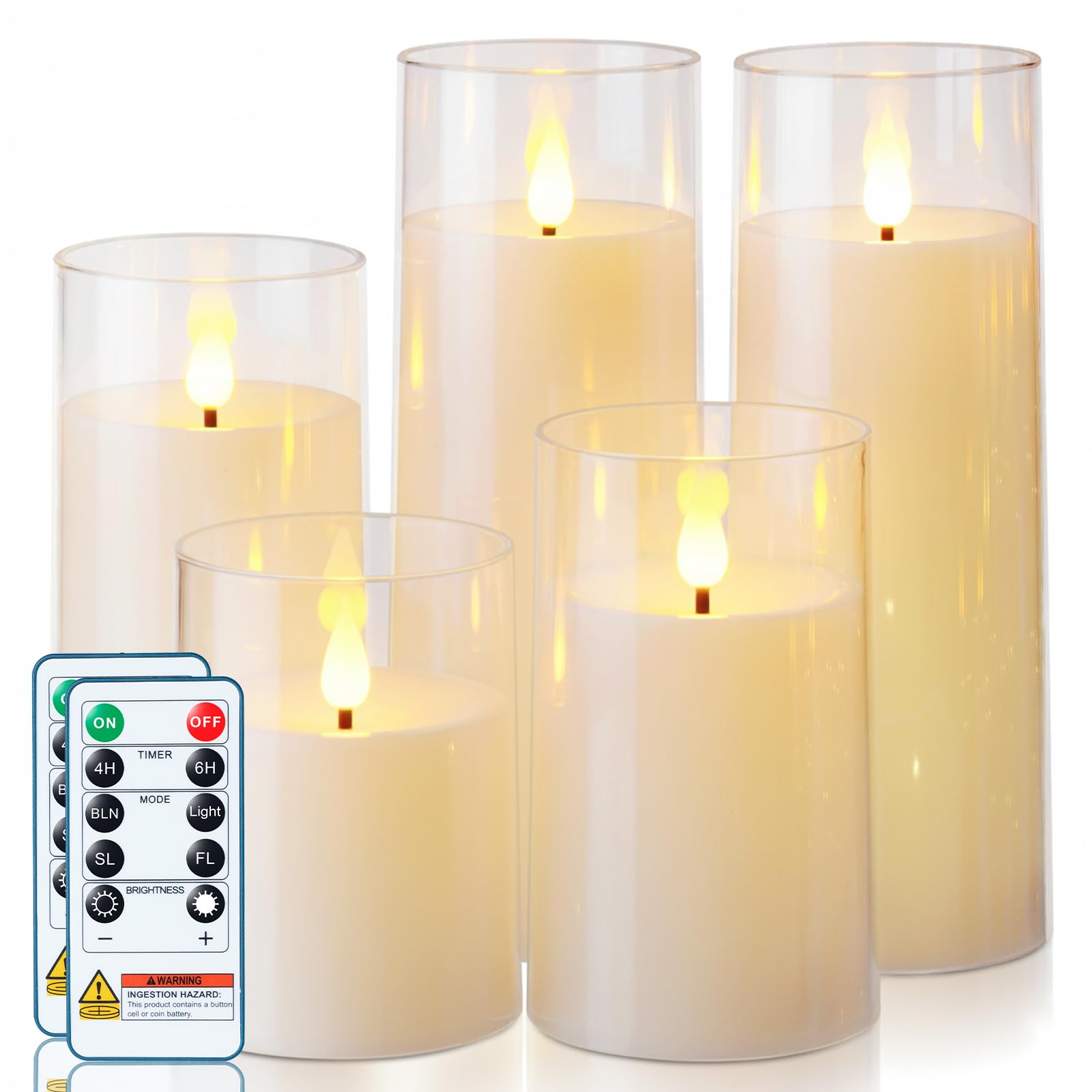 Homemory Ivory White Flickering Flameless Candles, Battery Operated Acrylic LED Pillar Candles with Remote Control and Timer, Set of 5 Image