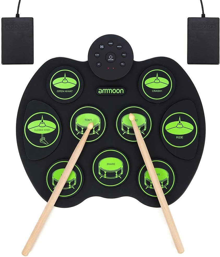ammoon Roll Up Drum Kit, Portable Electronic Drum Set 9 Drum Practice Pads with Headphone Jack 2 Foot Pedals for Kids Children Beginners (No Speakers)