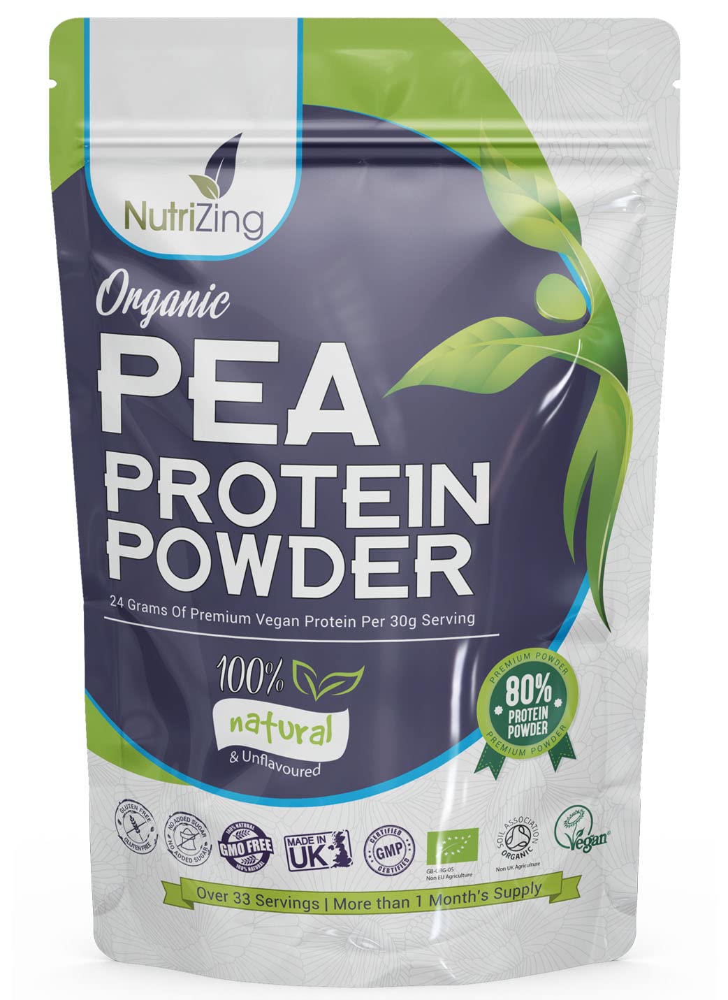 Award Winning Vegan Pea Protein Powder - Organic & Pure - Canadian Peas - No Soy, No Gluten - 1kg Pouch - Keto & Paleo Friendly by NutriZing