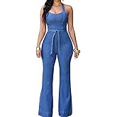 Sexyshine Women's Halter Lace Up Backless Casual Wide Leg Blue Denim Long Jumpsuit Playsuit Rompers With Belt