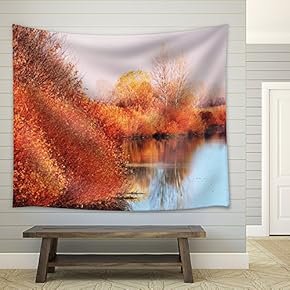 Reflection of Orange Shrubs and Trees on a Pond - Fabric Tapestry, Home Decor - 51x60 inches