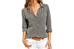 Eduavar Women Blouses and Tops, Womens Button Down Shirts Long Sleeve Chiffon Office V Neck Casual Business Blouses Tops