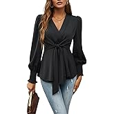 ACWUMU Women's Spring V Neck Long Sleeve Tops Elegant Wrap Front Tie Knot Shirts Puff Sleeve Dressy Casual Blouse