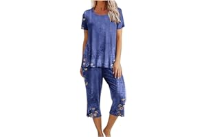 MRGIINRI Pajamas for Women 2023 Summer Trendy Short Sleeve Sleepshirt and Capri Pants Pjs Sets Loungewear with Pockets