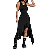 GORGLITTER Women's Y2k Sleeveless Dress High Slit Asymmetrical Ruffle Bodycon Long Goth Dresses Rave Outfits