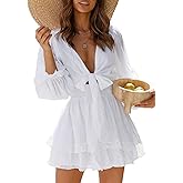 Dokotoo Wedding Guest Dresses for Women Spring Summer Ruffle Elegant Long Sleeve Empire Waist Tie Knot Cute Chiffon Bohemian Swing A Line Mini Short Skater Dresses for Women Apricot US 2 4