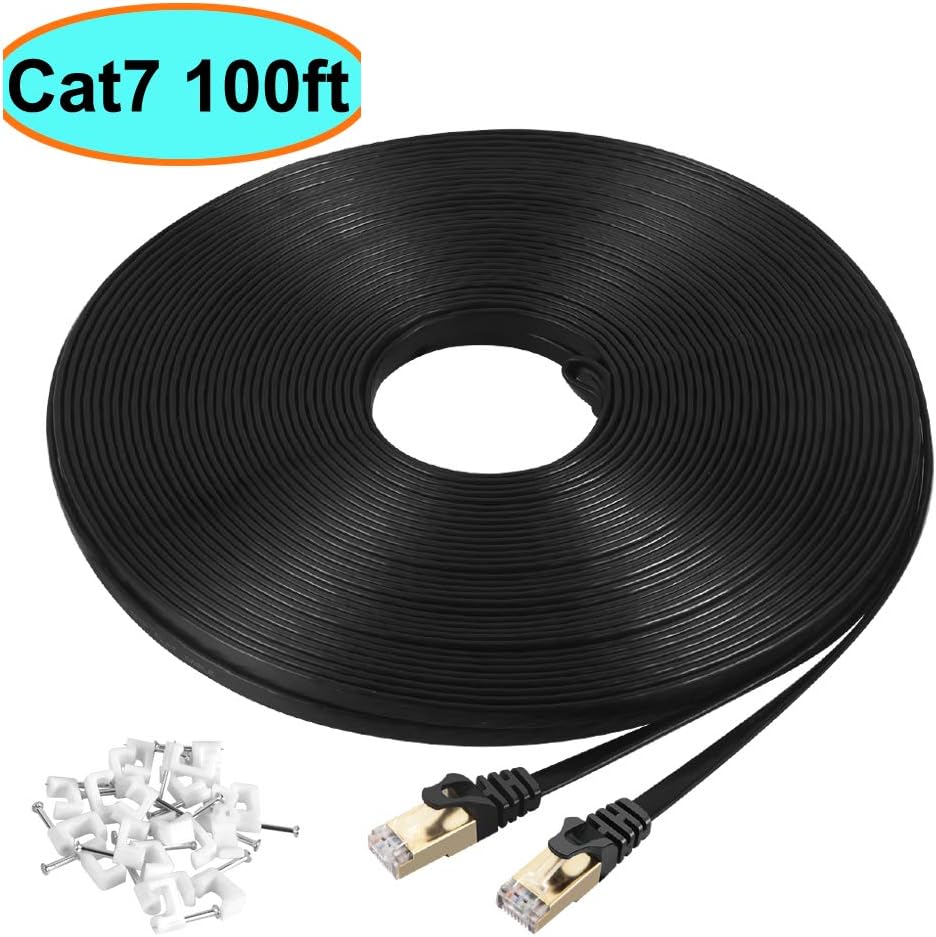 Cat7 Ethernet Cable 100 ft Black Shielded (STP), AULLOV High Speed Flat RJ45 Cat-7/Category 7 Internet LAN Computer Patch Cord Cable, Faster Than Cat5/Cat6-100 Feet Black (30 Meters)