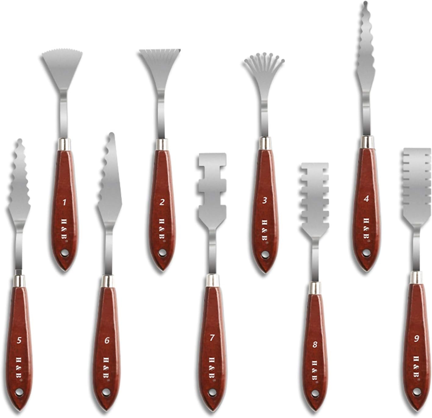 H & B 9-Piece Painting Knife Set, Versatile Stainless Steel Spatula Palette Knife Professional Palette Knife Painting Wood Handle Set for Mixing Paints, Thick Paint Applications and More