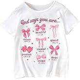BEAUDRM Girl's Bow Shirt Cute Graphic Tees Letter Print Short Sleeve Crew Neck Summer T Shirt