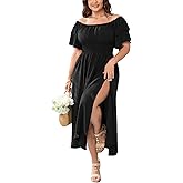 Plus Size Maxi Dress Off The Shoulder Ruffle Smocked Wedding Guest Cocktail Slit Hem Flowy Dresses for Curvy Women