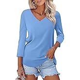 ORANDESIGNE Women's 3/4 Sleeves V Neck T Shirts Color Block Casual Summer Tops Fashion Loose Shirts Tees