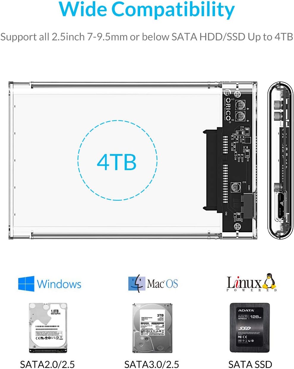 ORICO 2.5 USB 3 External Hard Drive Enclosure, USB3.0 to SATA Portable Clear Hard Disk Case for 2.5 inch 7mm 9.5mm SATA HDD SSD, Support UASP SATA III, Max 4TB, Tool-Free Design - Clear: Computers & Accessories