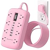 Pink Extension Cord with 6 USB(3 USB-C) 8 Outlets, Flat Plug Power Strip | 5FT, 1625W, Surge Protector, USB-C (15W), Cute Kawaii Pink Office Dorm Home Room Decor, Desk Accessories for Women Girl