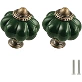 Zernmiarder 2pcs Ceramic Pumpkin Knobs - Dark Green | Vintage Cabinet Knobs with Mounting Screws - Antique Drawer Pulls for Dresser, Closet, Cupboard, and Home DIY Project