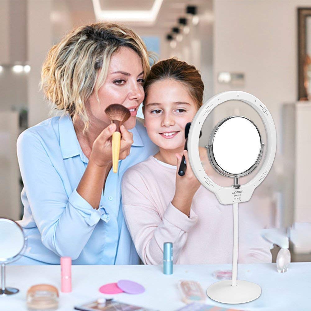 ZOMEI 10 Inch LED Tabletop Ring Light for Makeup with Mirror, Phone Holder, Hot Shoe (White)