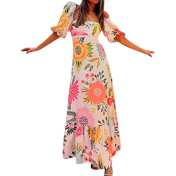 Women's Boho Tie Shoulder Dress Y2k Floral Long Flowy Maxi Dresses Cute  Summer Smocked Picnic Beach Cami Sundress at Amazon Women's Clothing store