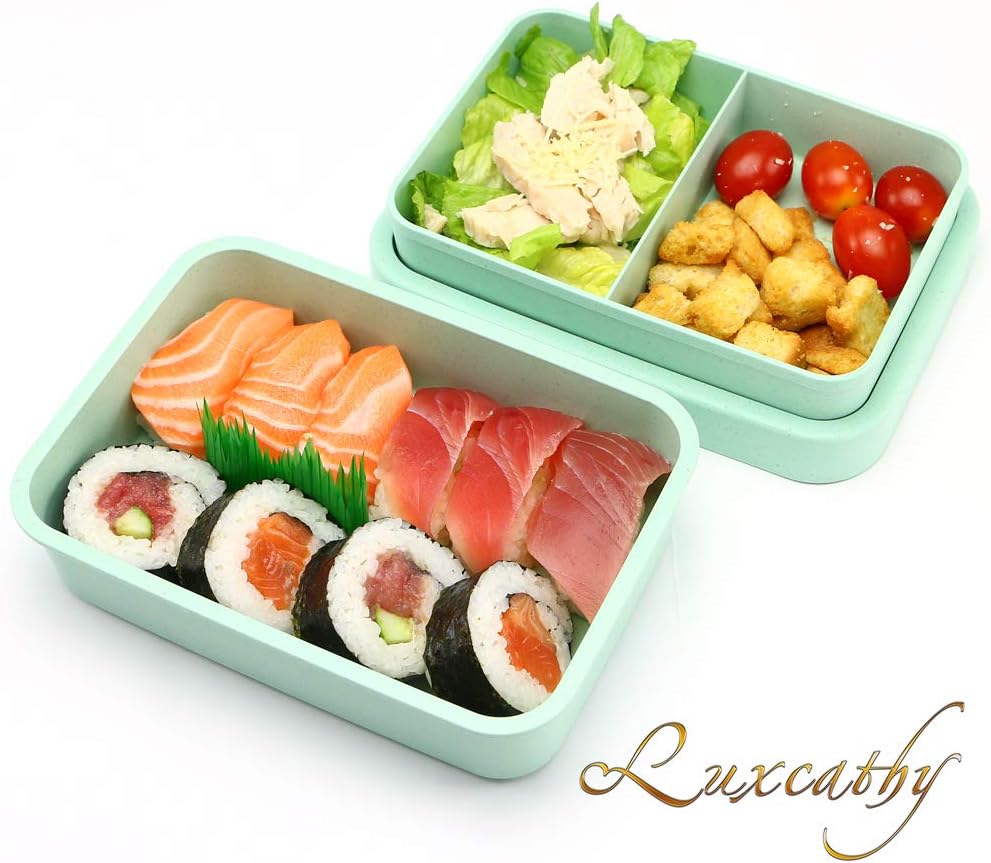 Luxcathy Natural Bamboo Fiber Airtight Leakproof 2-Layer Lunch Box for Adults or Kids (800-1000ML, Pink Green