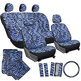 OxGord 21pc Set Zebra Car Seat Cover, Carpet Floor Mats, Steering Wheel Cover, Shoulder Pads - Airbag - Front Low Back Buckets - Universal Fit, Truck, SUV, or Van - Blue