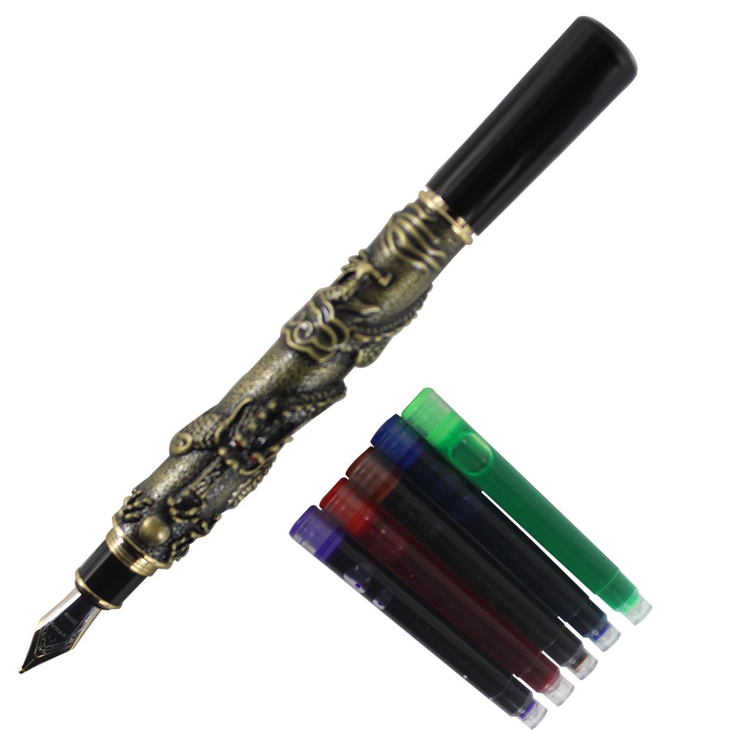 Gullor Chinese Dragon Antique Silver Basso-Relievo Fountain Pen Original Gift Box Pen Pouch Ink Cartridges Set - Cinnamon