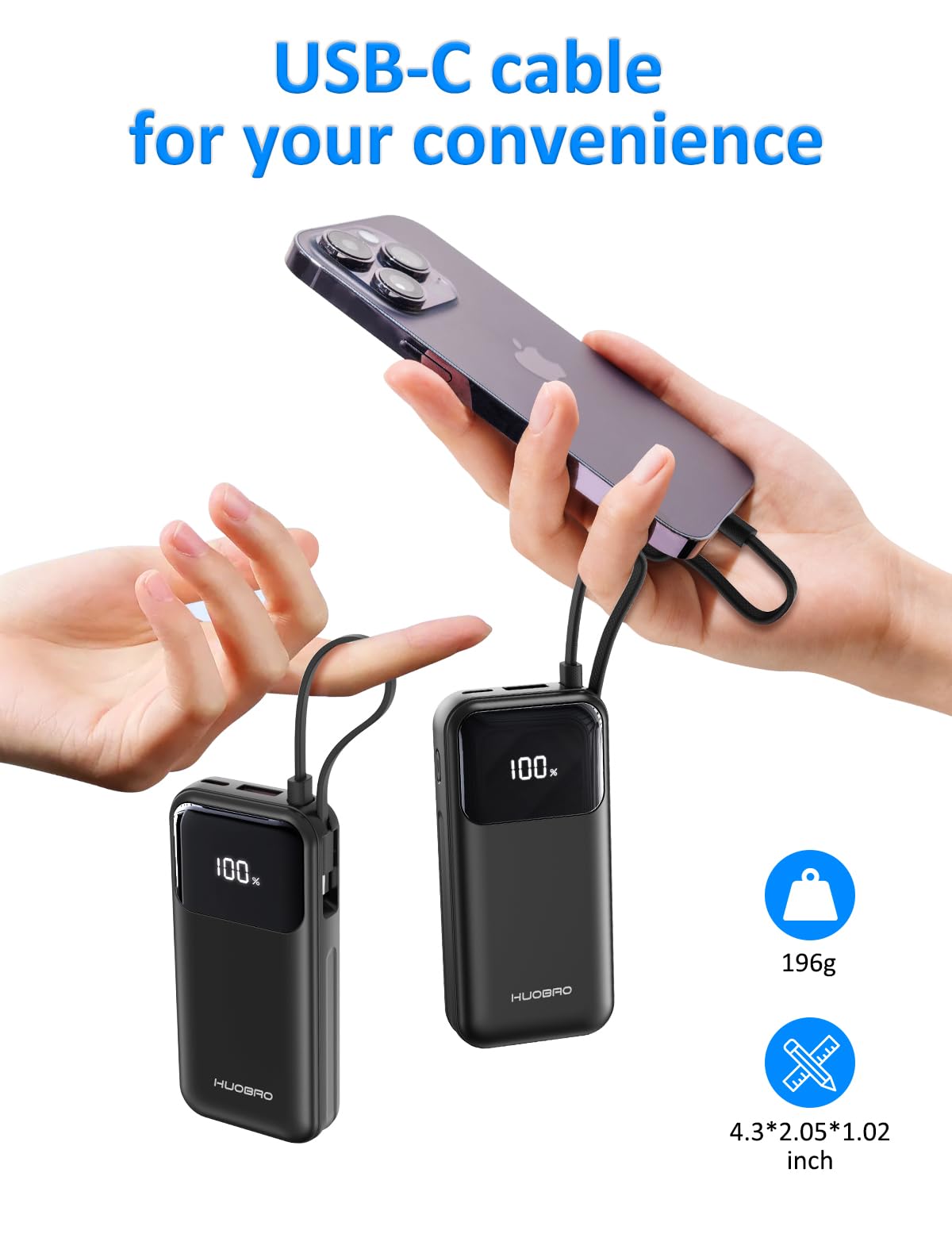 HUOBAO Power Bank 35W,10000mAh Powerbank eingebautem USB-C Kabel,Schnelles Laden mit 1 x USB-C, 1 x USB-A,Klein Externer Handyakku für iPhone 16/15/14/13/12/11/XS,Samsung/Android, iPad etc(Schwarz) 3