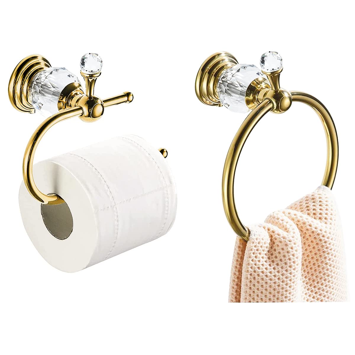 WOLIBEER Crystal Towel Ring, Gold Toilet Paper Holder Hand Towel Holder Towel Hook Tissue Roll Paper Holder Wall Mounted Towel Hanger 2 Pieces Sets