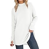 JUSTFASHIONNOW Tunic Tops for Women Casual Long Sleeve Turtle Neck Shirts Thumb Hole Curved Hem Tops Fall Fashion