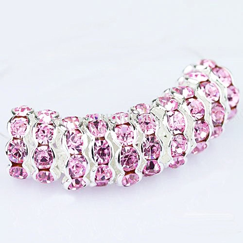 RUBYCA 100pcs 10mm Wavy Rondelle Spacer Beads Silver Tone Light Rose Pink Czech Crystal