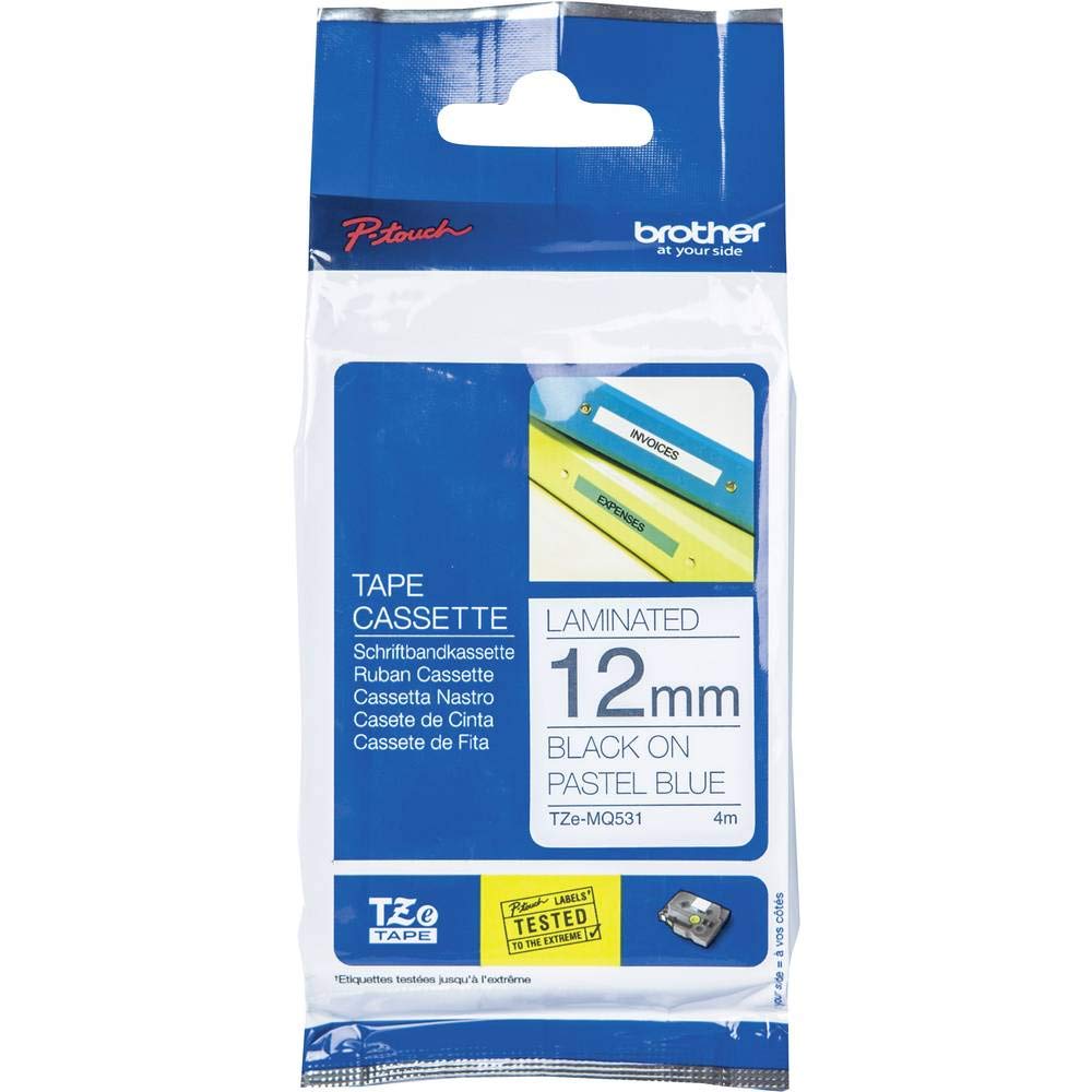 Brother TZe-MQ531 Labelling Tape Cassette, Black on Pastel Blue, 12 mm (W) x 4 m (L), Laminated, Brother Genuine Supplies
