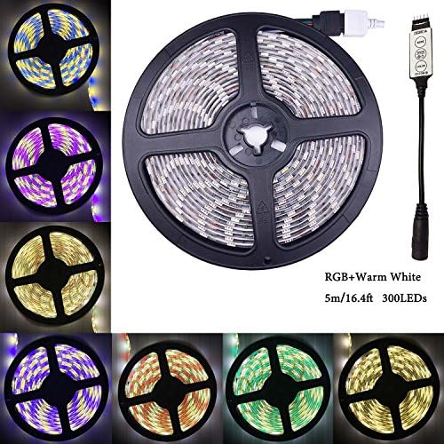 Kabenjee 16.4ft/5M SMD5050 RGBWW Mixed Color Changing Flexible LED Strip Light 300 LEDs Waterproof Festival Decorative RGBWW LED Tape Light with Inline Controller Novelty LED Light Strip