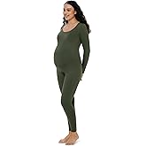POSHDIVAH Women's Maternity Bodysuit Scoop Neck Long Sleeve T Shirt Stretchy Jumpsuit Pregnancy Shapewear Romper