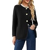 Langwyqu Womens Crew Neck Button Down Cardigan Sweaters Blazer Casual Long Sleeve Knit Solid Sweater with Pockets