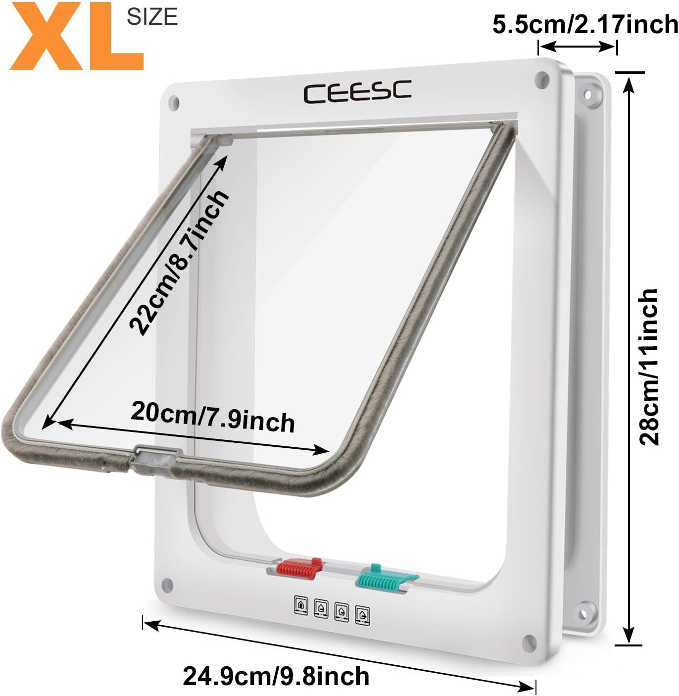 CEESC Extra Large Cat Door (Outer Size 11" x 9.8"), 4 Way Locking Large Cat Door for Interior Exterior Doors, Weatherproof Pet Door for Cats & Doggie with Circumference < 24.8" (White) : Pet Supplies