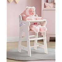 ROBUD Baby Doll High Chair, Pretend Play High Chair with Seat Belt, White Wooden Baby Doll Accessories with Movable Tabletop,