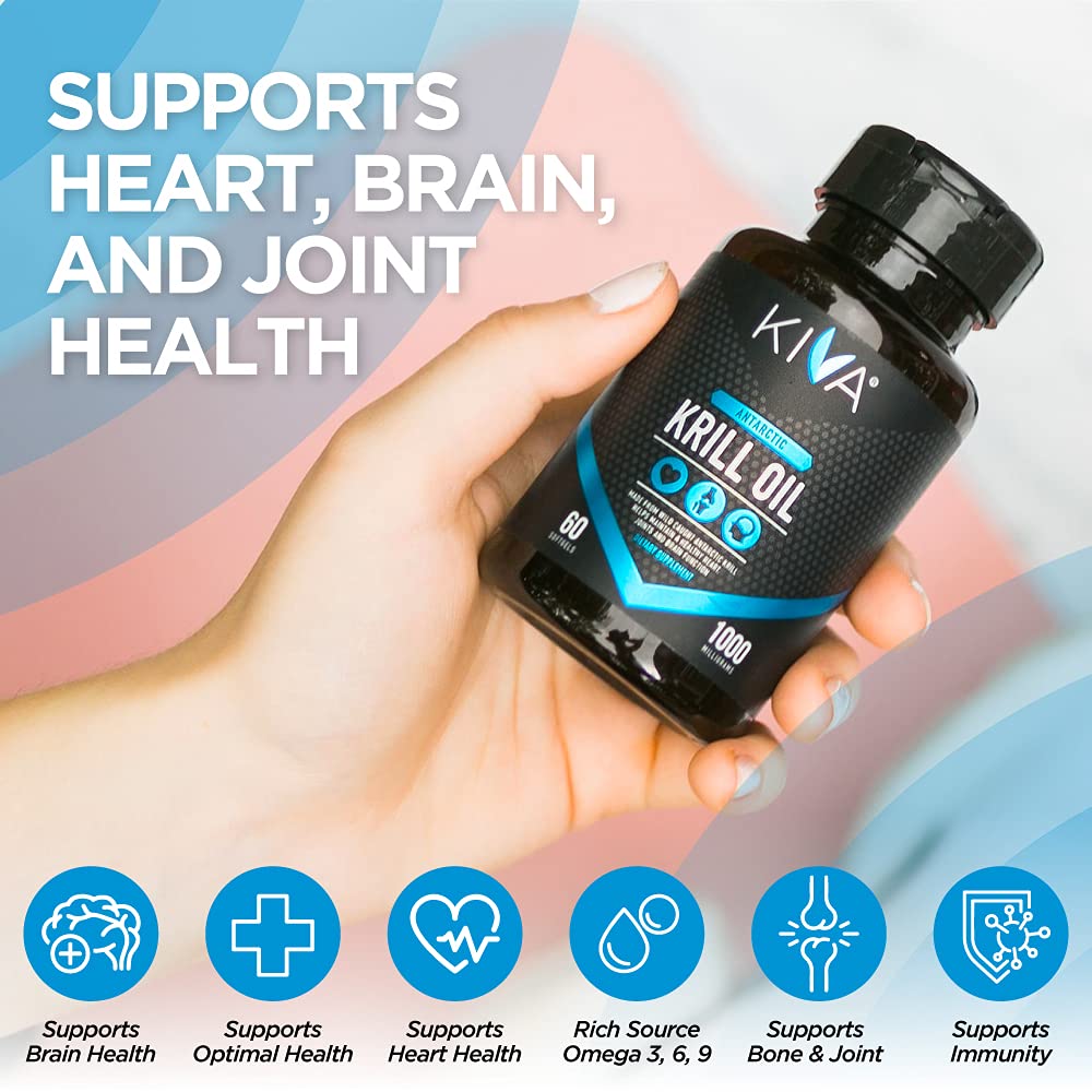 Kiva Antarctic Krill Oil - Sustainably Wild-Caught Krill (60 Softgels) - 1000mg, Rich with Omega-3 Fatty Acids, EPA, DHA and Astaxanthin, No Fishy Aftertaste, 3rd Party Tested, BPA-Free Bottle