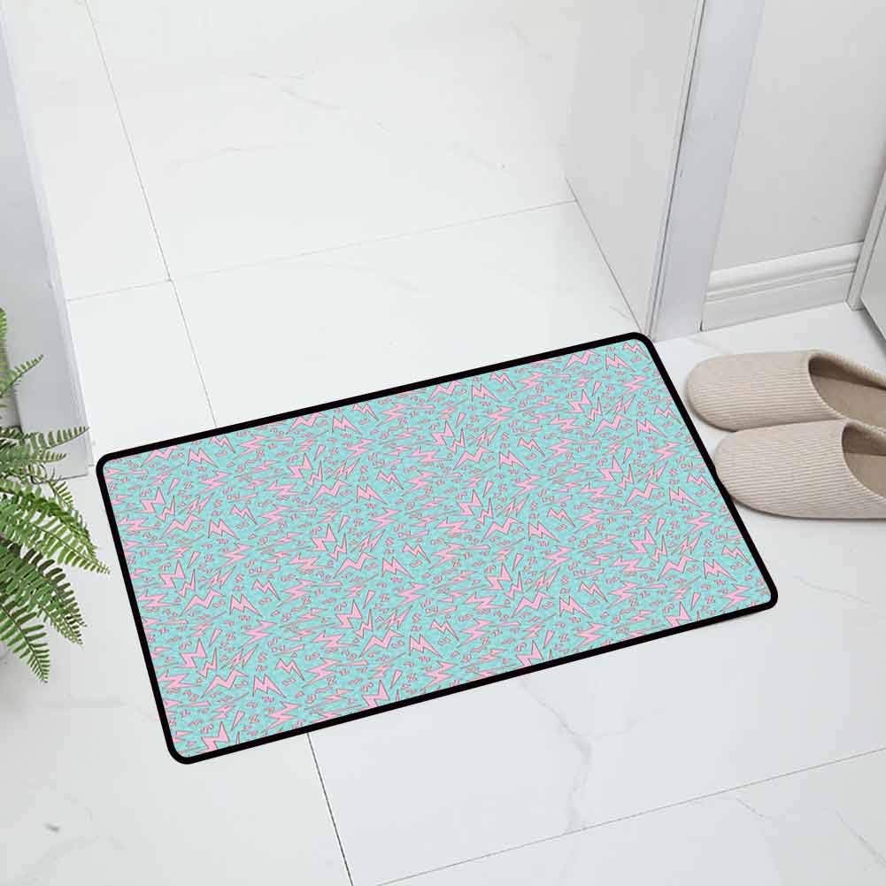Geometric Indoor Outdoor Entrance Door Mat Holiday Doormat Vintage Eighties Cartoon Thunder Bolts Old Fashion Vintage for Entry and High Traffic Areas, 35 x 23.5 inch Blue Pink