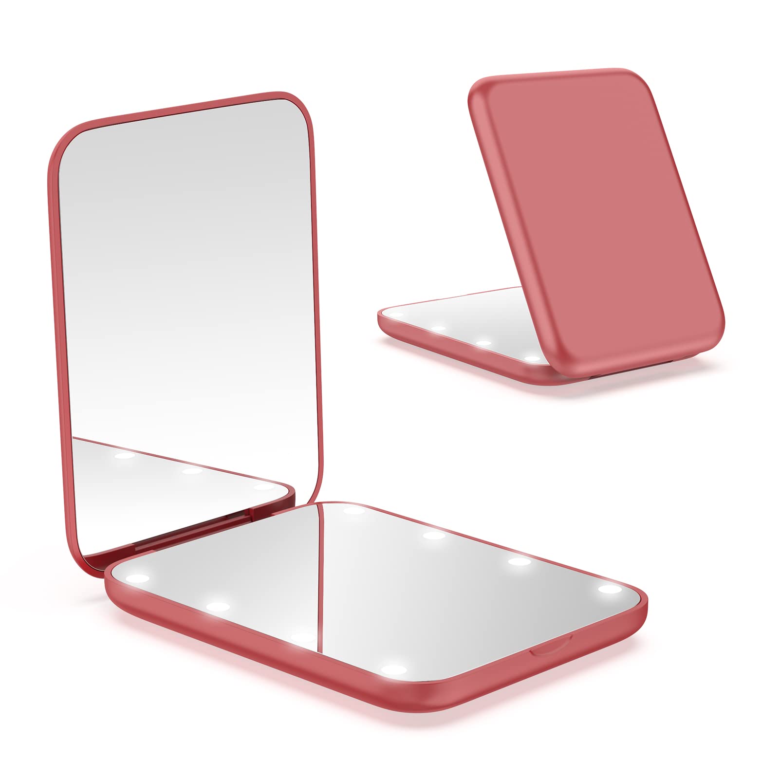 WOBSION Compact Mirror, Small Makeup Mirrors with Light for Travel, LED Pocket Mirror for Purse and Handbag, 1x/3x Magnifying Handheld Mirrors, Folding, Portable, Gifts for Women, Red