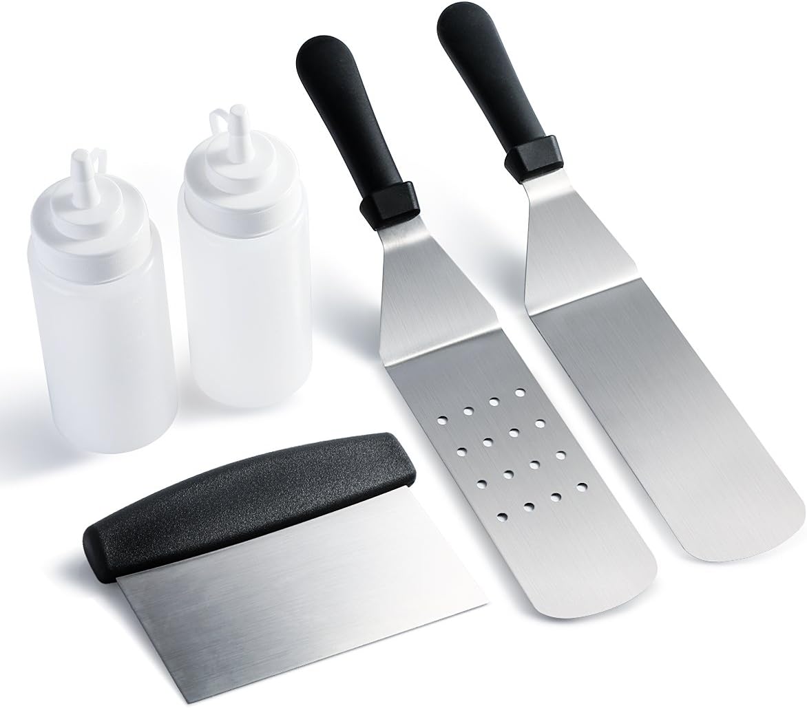 Owlike Grill Griddle Accessories Griddle Spatula Kit Tool Set, Griddle Cooking Set- 2 Spatulas 1 Chopper Scrapper 2 Bottles, for Kitchen Flat Top Outdoor Griddle Cooking Camping Tailgating