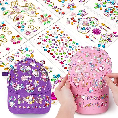 LITTLEFUN Decorate Your Own Baseball Cap with Glitter Gem Stickers for Kids Crafts Toys Gifts - Girls Birthday Presents