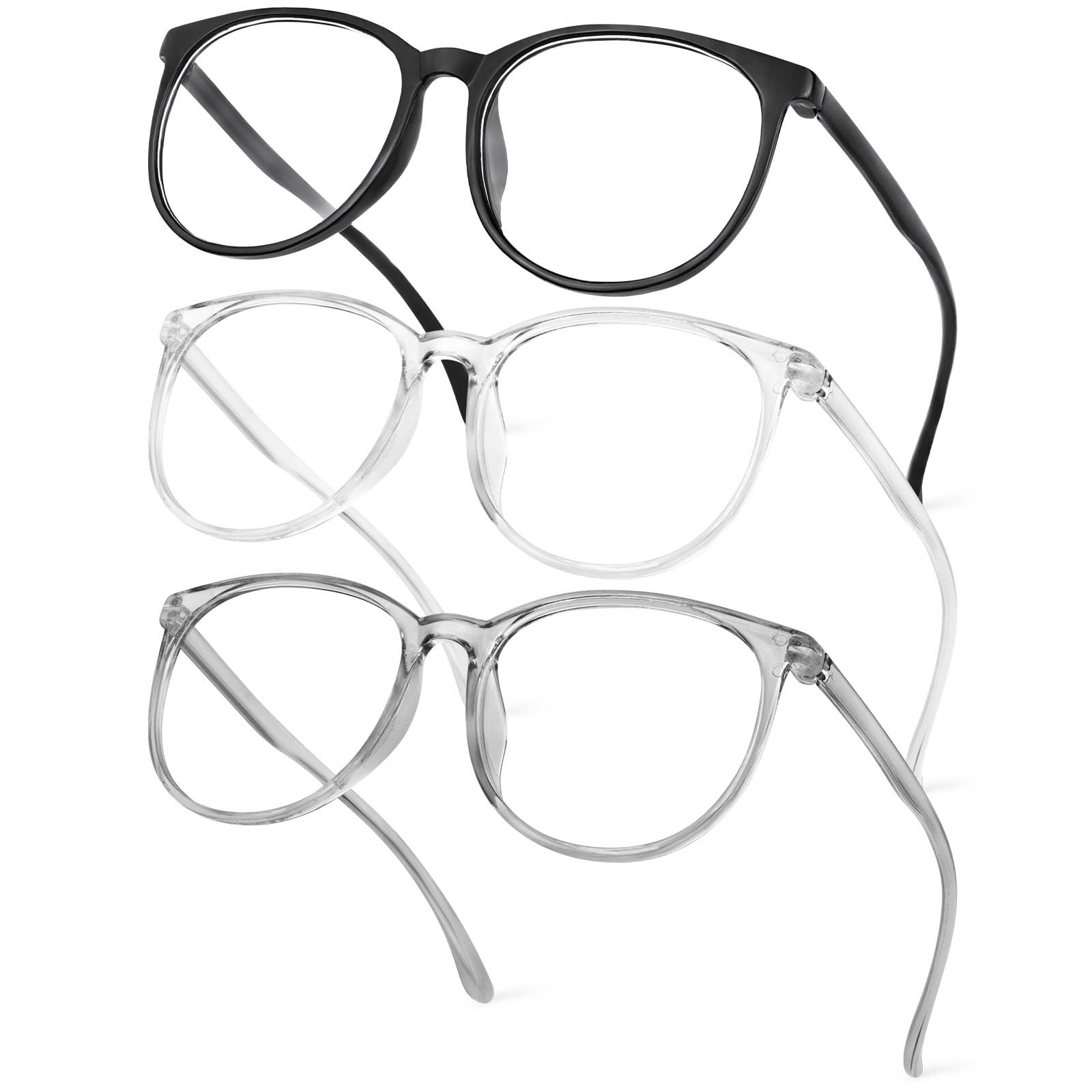Aomig Blue Light Blocking Glasses, 3 Pcs Anti Blue Light Computer Gaming Glasses for Women Men, Lightweight Blue Light Blocking Reading Filter UV(Black+Transparent White+Transparent Gray)