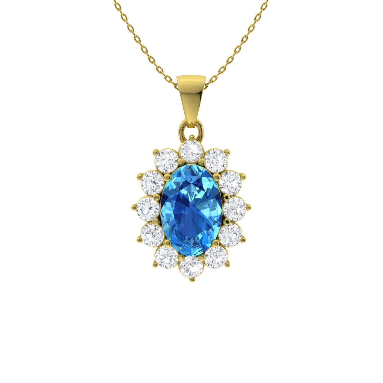Diamondere Natural and Certified Oval Blue Topaz and Diamond Halo Petite Necklace in 9ct Yellow Gold | 0.72 Carat Pendant with Chain