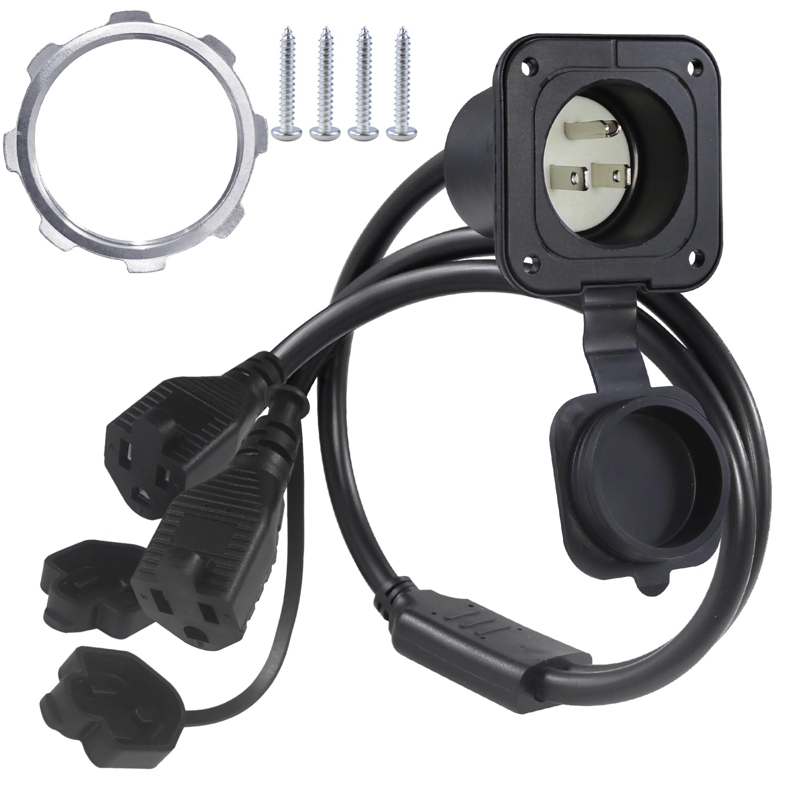 Photo 1 of KUNCAN 15A AC Port Plug - 125V Power Inlet Socket with Dual 18 Inch Extension Cord, NEMA 5-15 Plug Flanged Inlet with Waterproof Cover Outdoor Extension Cable, Shore Power Outlet for RV Boat Trailer