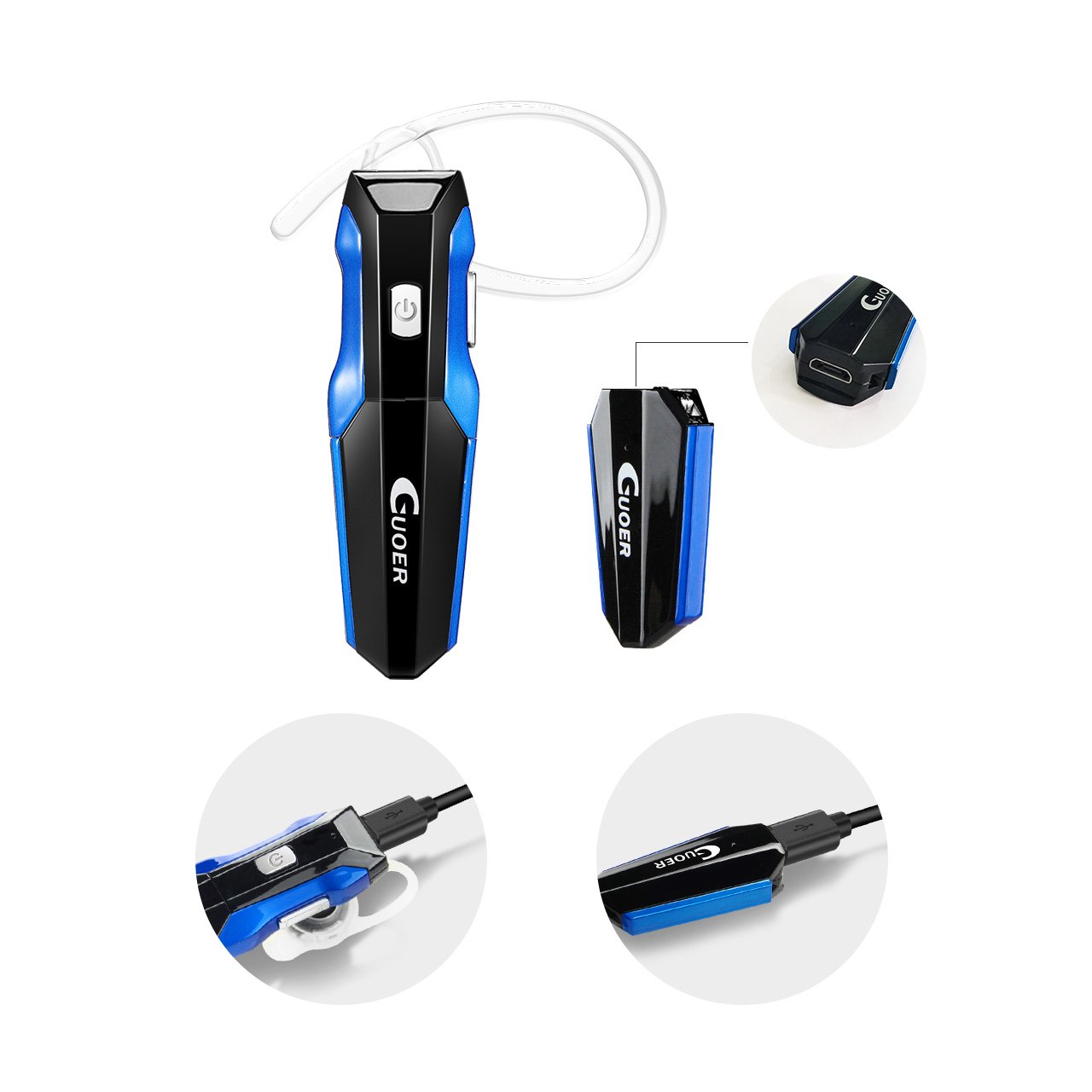 GUOER Bluetooth Headset with Backup Battery Noise Cancellation Wireless Bluetooth Earpiece With Microphone Driving Hands-free In-Ear Headphones Earbuds with an Extra Backup Battery (Black/Bule)