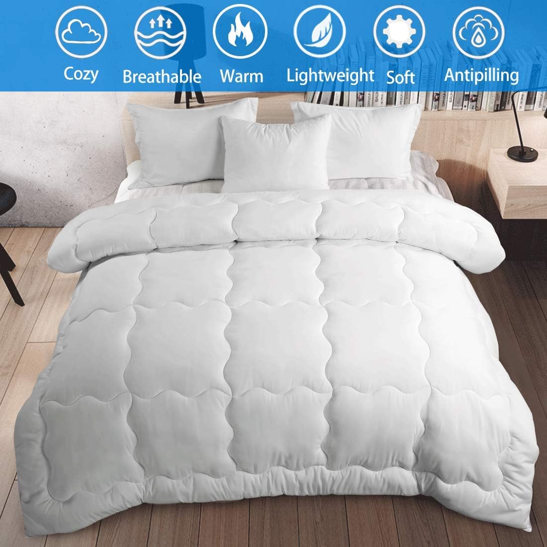 KARRISM All Season Down Alternative Queen Comforter, Winter Warm Comforter Ultra Soft Quilted Duvet Insert with Corner Tabs, Wavy Box Stitched, Luxury Fluffy & Lightweight (White, 88 x 88 inch): Kitchen & Dining