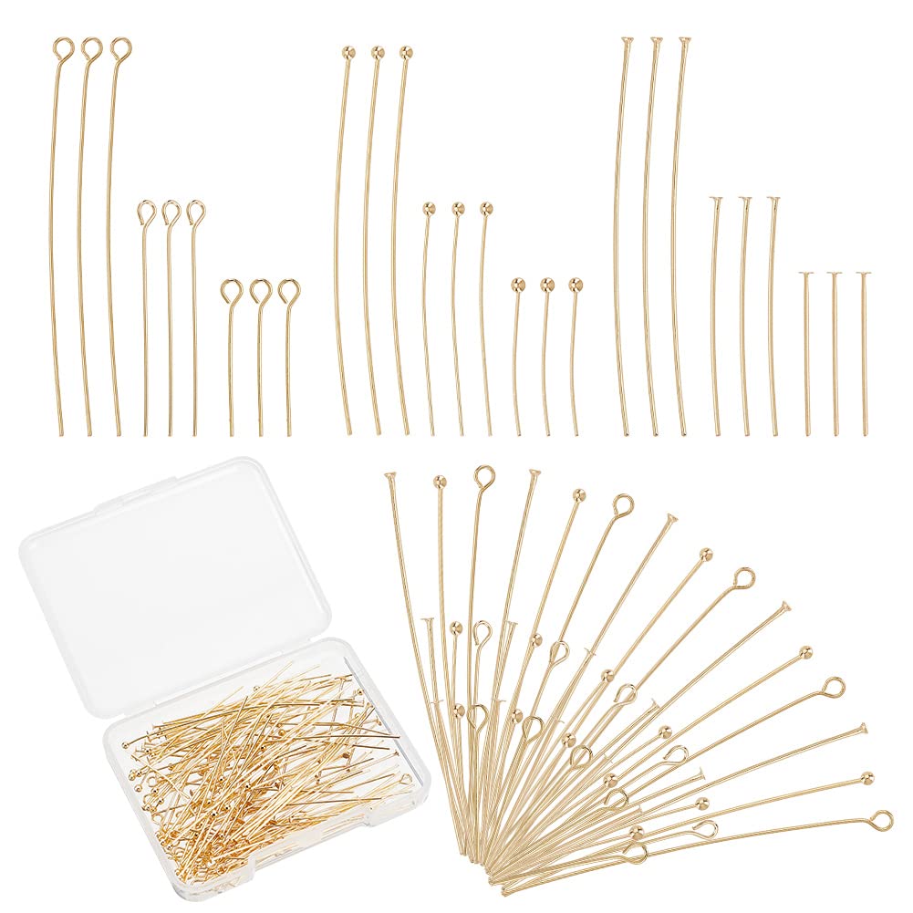 BENECREAT 180Pcs 9 Style Real 14K Gold Plated Pins, 24 Gauge Eye Pin Ball Head Pins 23 Gauge Flat Head Pins Brass Pins for Earring Bracelet DIY Jewelry Making, 20Pcs/Style