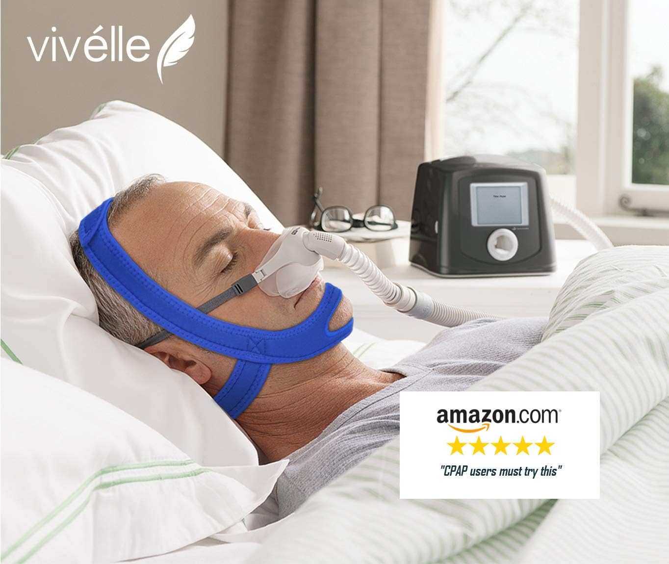 CPAP Bi-Pap VPAP BPAP TMJ Chin Strap Anti Snoring Chin Strap for Men and for Women - Snore No More by Vivélle, Slim-Non-Slip, Adjustable, Premium Snore Stopper Device That Helps You Day and Night: Health & Personal Care