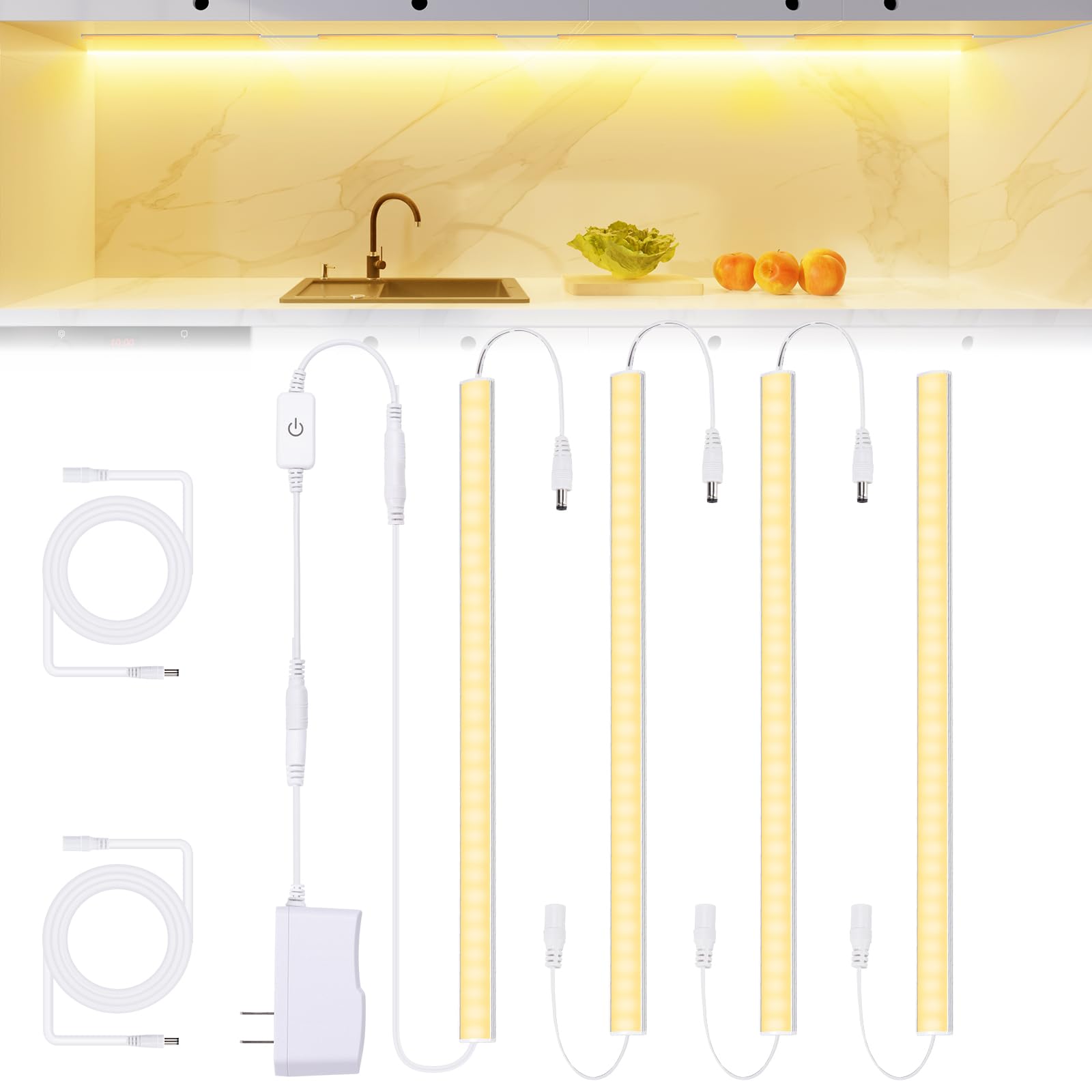 Photo 1 of JUSJUBR Under Cabinet Lights Plug-in, 4 Pack x 12inch Warm White 3000K LED Under Cabinet Lighting, Dimmable Under Counter Lights with Memory Function, LED Light Bars for Kitchen Pantry Desk