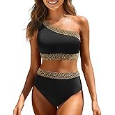 Tempt Me Women High Waisted Bikini Set - One Shoulder Two Piece Swimsuits Color Block Bathing Suits with Swimwear Bottom