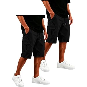GQN Mens Cargo Shorts 2-Pack Drawstring Elastic Waist Multi Pocket Casual Utility Work Shorts Summer Athletic Apparel for Men