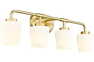 Audickic Bathroom Light Fixtures Over Mirror, 4-Light Brushed Gold Vanity Lighting Fixtures with Milk White Glass, Farmhouse Champagne Bronze Wall Sconces Lighting, AD-22004-4W-GD