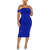 Women's Sexy Off Shoulder Sleeveless Bodycon Ruched Midi Elegant Cocktail Evening Party Night Tube Dresses